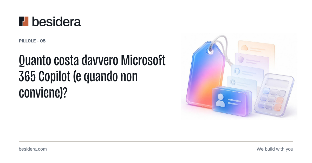 Un cartellino del prezzo nei colori di Copilot accanto a licenze e calcolatrice, con altre voci di costo più chiare sullo sfondo