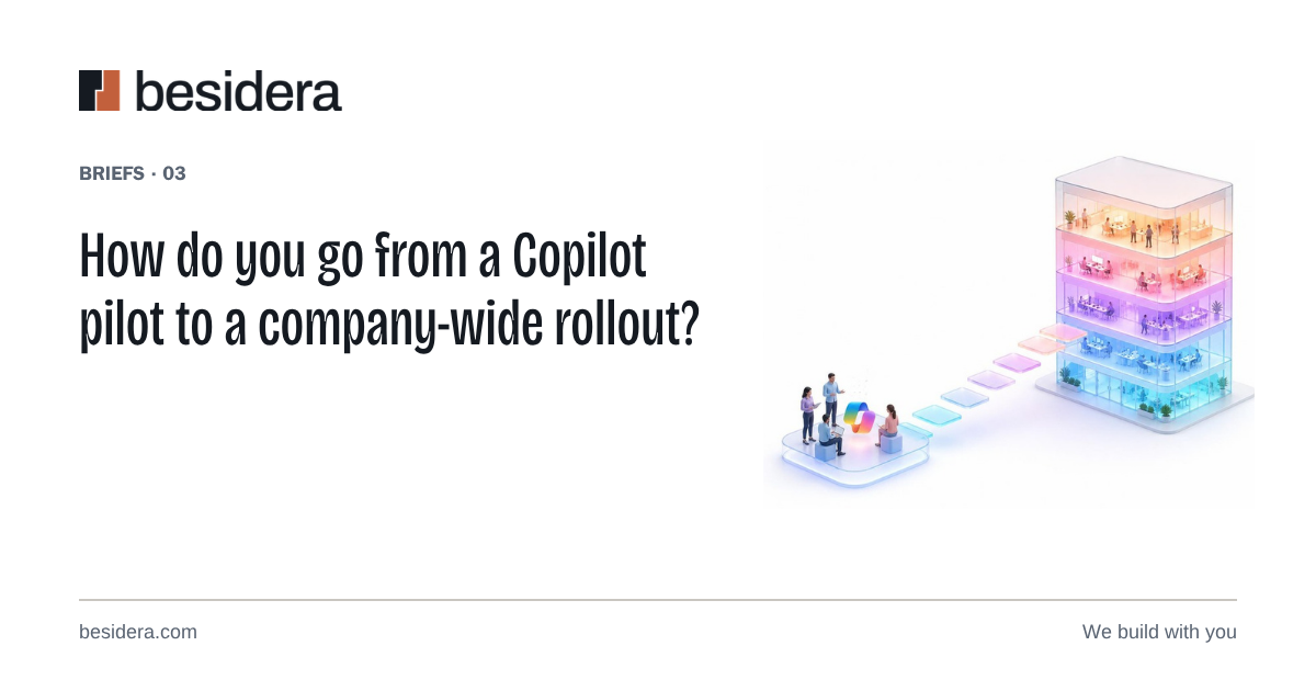 A small pilot group connected by glowing steps to a building whose floors light up one at a time