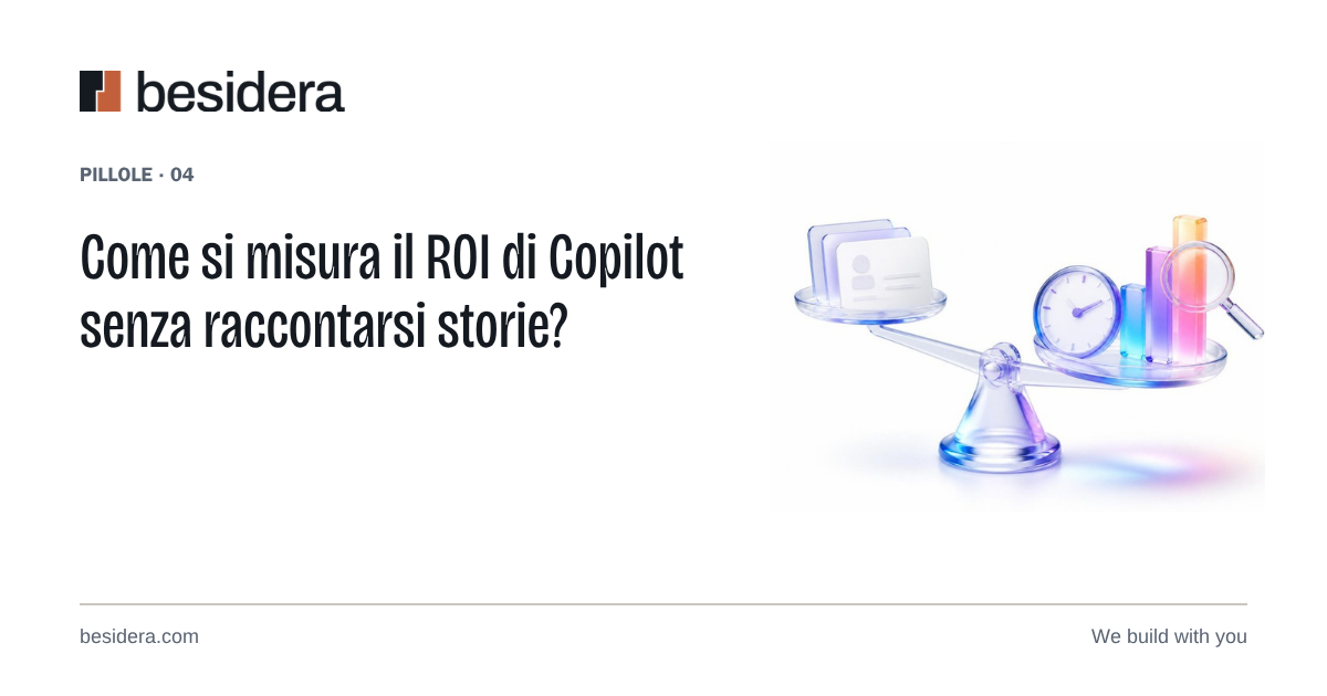 Una bilancia di vetro tra una pila di licenze e il tempo risparmiato, con una lente sopra i grafici