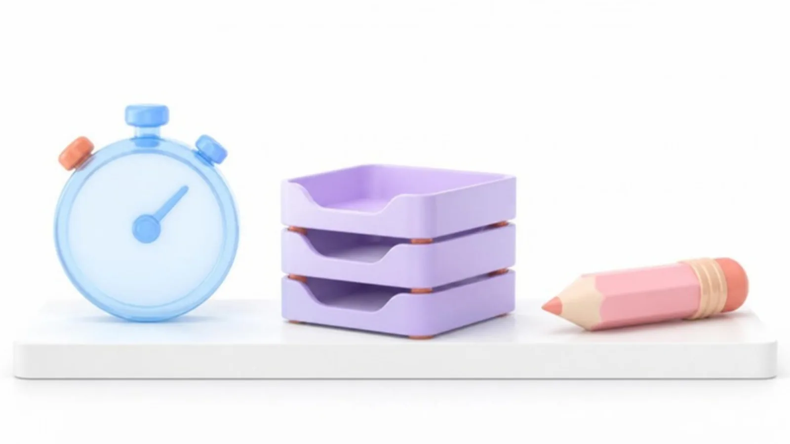 Three objects on a shelf: a stopwatch, a stack of document trays and a pencil with an eraser